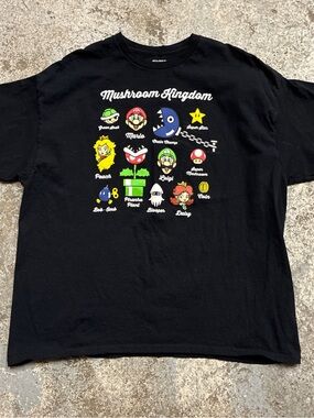 Nintendo Black Tee with Colorful Mushroom Kingdom Icons